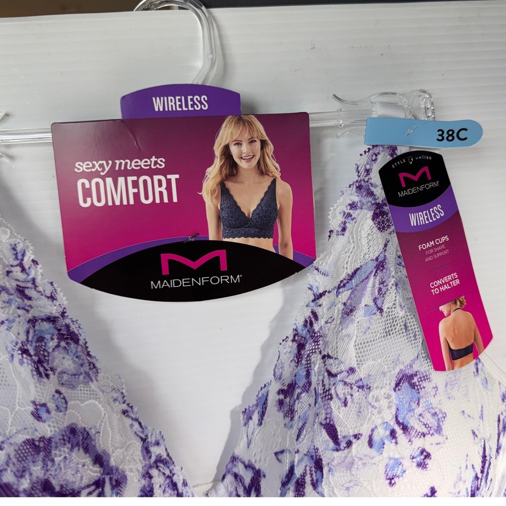 Maidenform Wireless Bralette 38C Purple Floral Lace Convertible DM1188 NEW - Picture 5 of 5